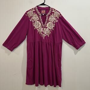 Johnny Was Floral Embroidery‎ Gold Print Jersey Mini Dress Size 1X Boho Cottage
